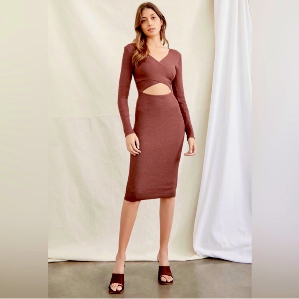 Surplice Cutout Midi Sweater Dress